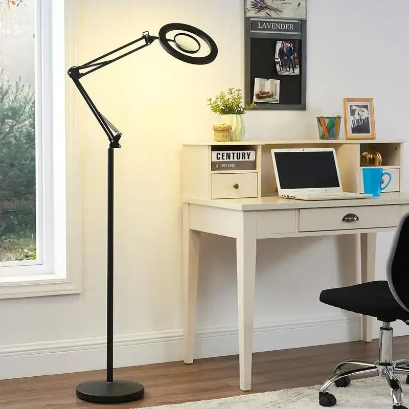Black articulated floor lamp with circular 25w led moon beauty light head for adjustable bedroom illumination