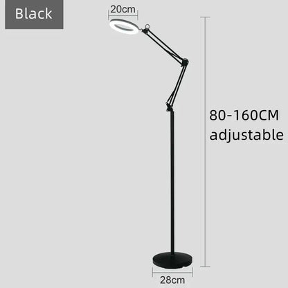 Black adjustable led moon beauty light bedroom floor lamp with 20cm circular light head and extendable arm