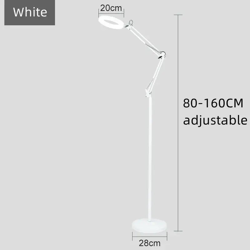 White adjustable floor lamp with circular 25w led moon beauty light head and articulated arm for bedroom use