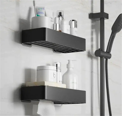 Black aluminum corner double tier shelf with sleek design and integrated drainage slats for aluminum corner bathroom decorbites black aluminum