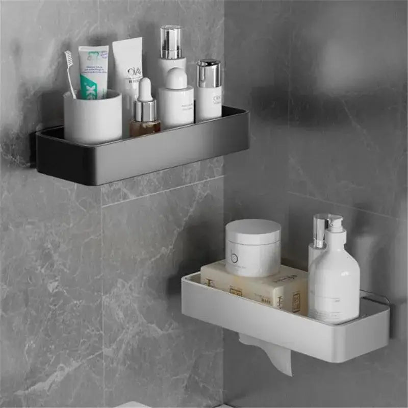 Modern matte black aluminum corner double tier shelf with rectangular trays and hooks for bathroom storage decorbites black aluminum
