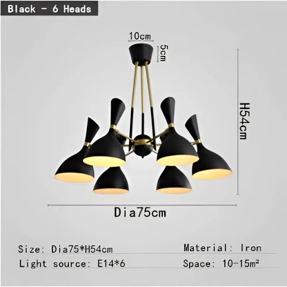 Black iron and brass nordic led multiple head chandelier with six conical lamps for living room lighting