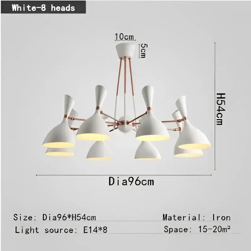 White iron nordic led multiple head chandelier with eight conical lamps and copper-colored arms for living room