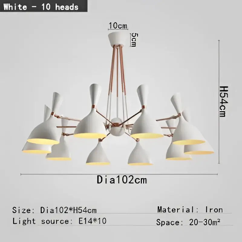 White iron nordic led multiple head chandelier with ten conical lamp heads for living room lighting