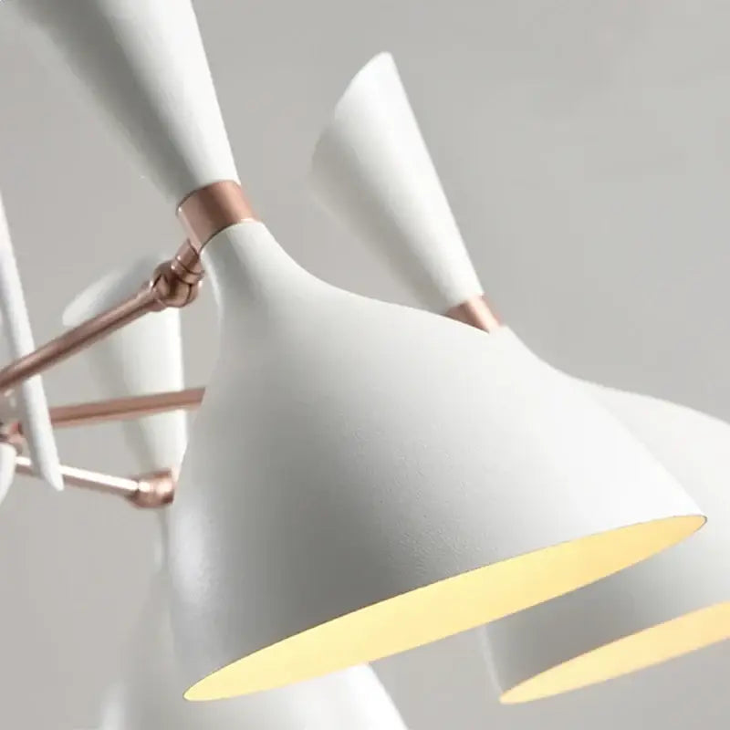 White conical lamp shades with copper metal arms in black and brass nordic led multiple head chandelier for living room