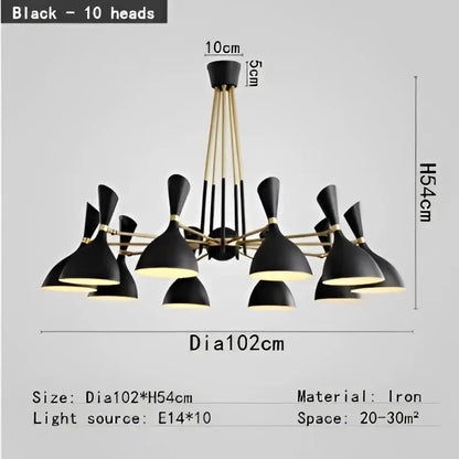 Black iron and brass nordic led multiple head chandelier with ten conical lamps for living room lighting