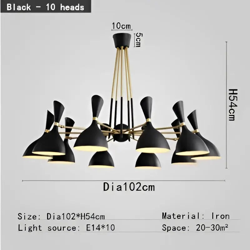 Black iron and brass nordic led multiple head chandelier with ten conical lamps for living room lighting