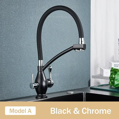Black and chrome dual spout kitchen faucet with flexible curved spout and dual handles by decorbites dual spout black