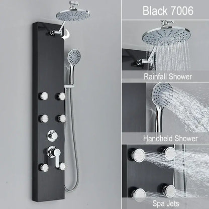 Black and chrome shower panel featuring black 7006 rainfall shower, chrome handheld heads, spa jets, and control knobs for decorbites rainfall shower