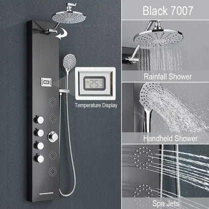 Black 7007 rainfall shower panel with chrome accents and digital temperature display for decorbites rainfall shower