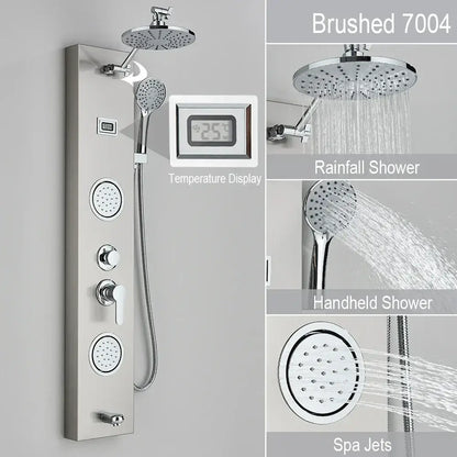 Black and chrome rainfall shower panel bathroom storage rack with brushed stainless steel 7004 rainforest shower panel and digital temperature display