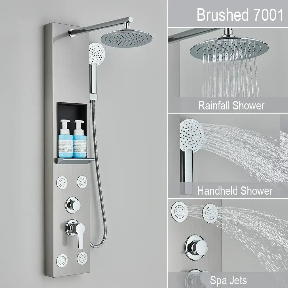 Brushed stainless steel shower panel in black and chrome with rainfall shower head handheld and spa jets by decorbites rainfall shower