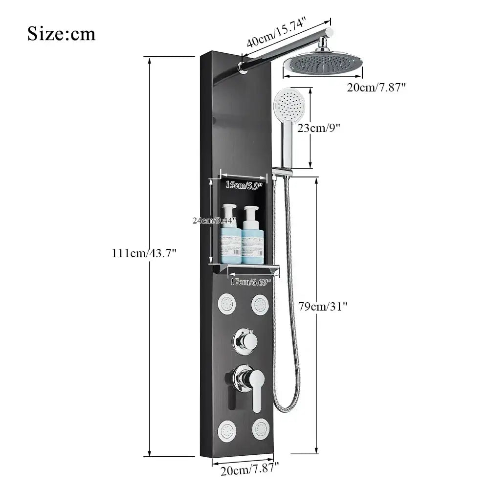 Black and chrome rainfall shower panel with rainfall shower rainhead handheld shower and built-in bathroom storage rack decorbites