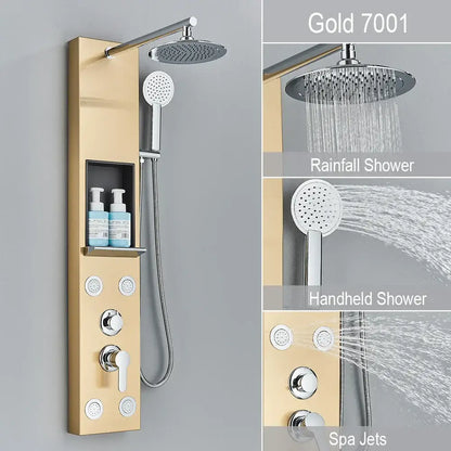 Gold 7001 rainfall shower system with brushed gold finish and chrome accents featured on black and chrome shower panel decorbites rainfall shower