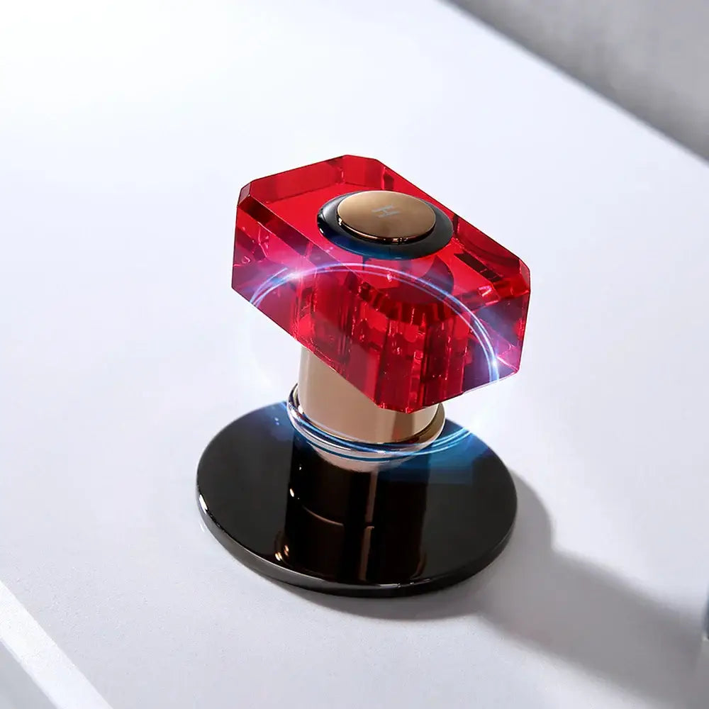 Vibrant red faceted crystal knob on black and copper gray brass basin faucet for bathroom decorbites gray brass basin