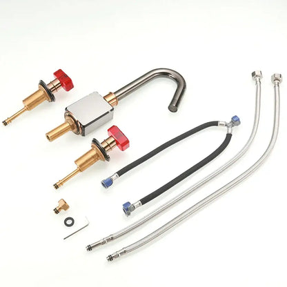 Black and copper gray brass basin faucets with red crystal knobs featuring stainless steel and brass with braided hoses