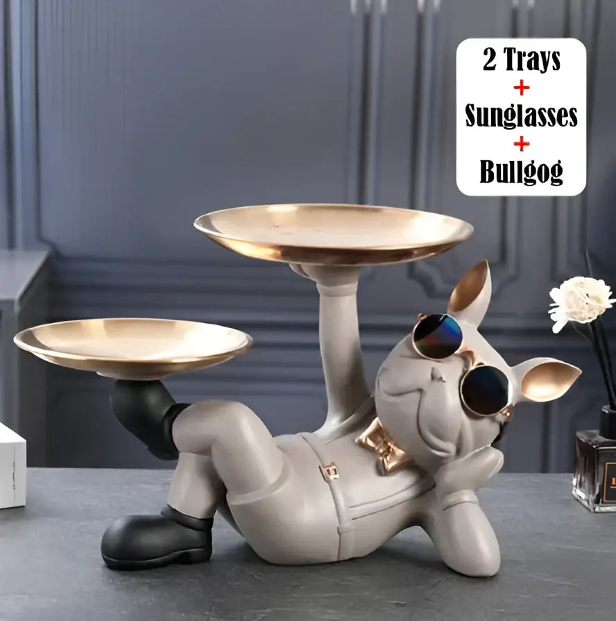 A stylish gray decorbites bulldog animal figurine with gold-trimmed sunglasses and trays for living room decor