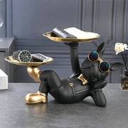 Black and gold decorbites bulldog animal figurine living room butler tray with sunglasses and suit accents