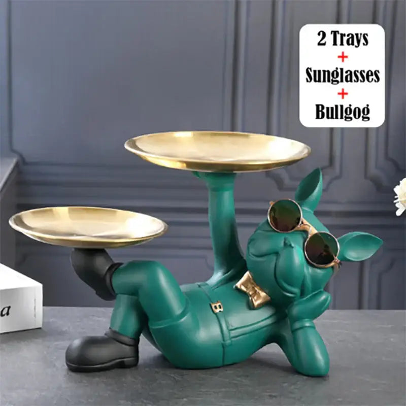 Teal decorbites bulldog animal figurine with gold-trimmed sunglasses and trays for living room butler use