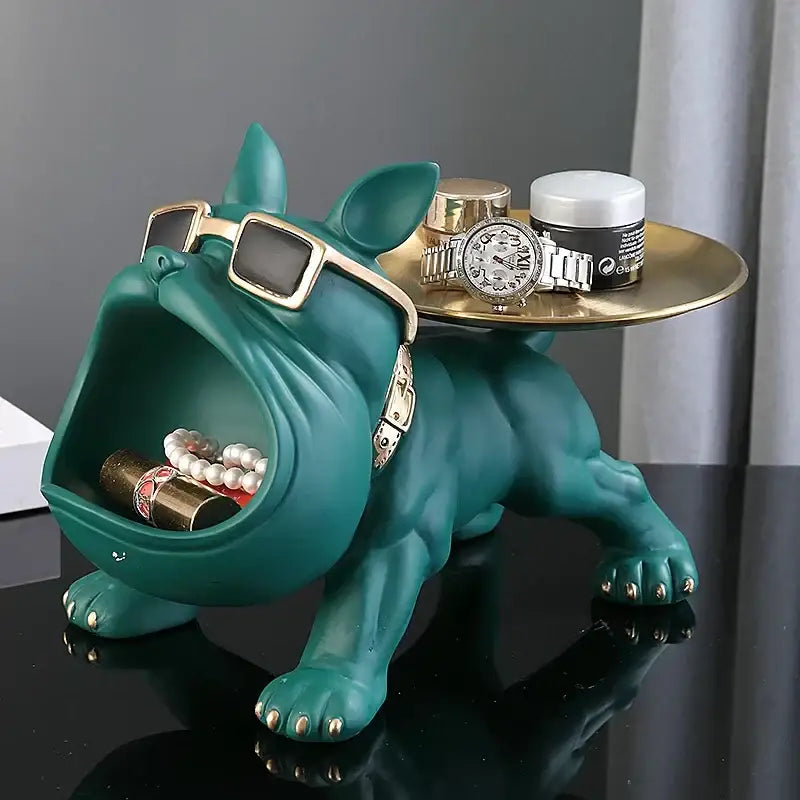 Teal resin bulldog figurine with gold-tone sunglasses and metallic plate storage box for living room decorbites decor