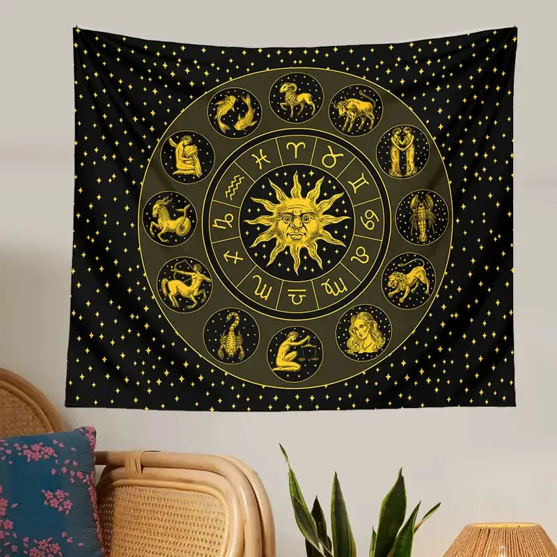 Black and gold constellation zodiac tapestry with sun design and stars for bedroom wall decor