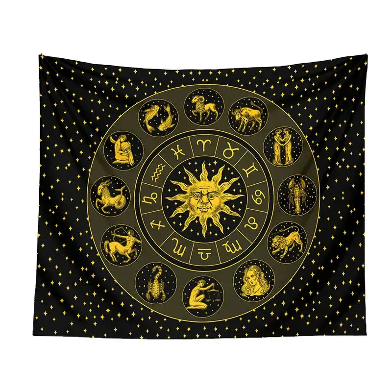 Black and gold constellation zodiac tapestry featuring sun design for bedroom wall decor with zodiac symbols