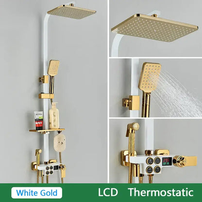 White gold finished shower set with square rainhead handheld spray and brass lcd thermostatic control panel by Decorbites