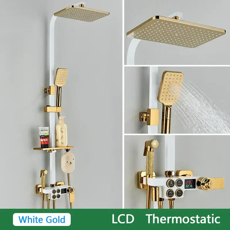 White gold finished shower set with square rainhead handheld spray and brass lcd thermostatic control panel by Decorbites