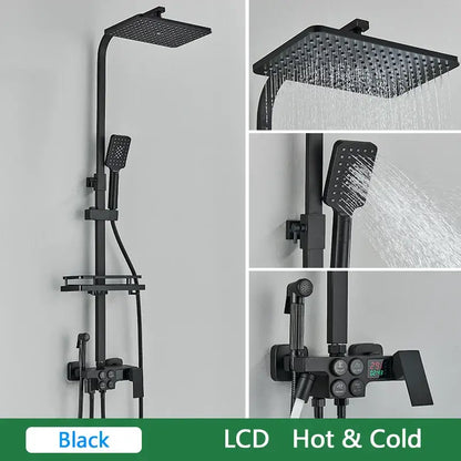 Black matte shower set with square rainhead handheld spray and decorbites brass lcd thermostatic control panel