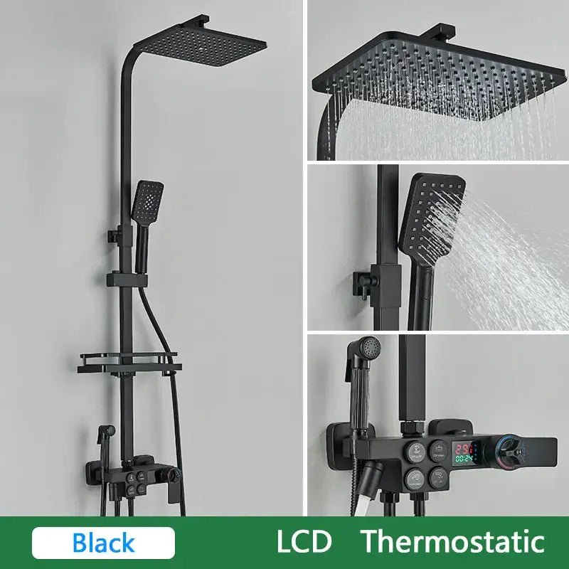 Black matte brass lcd thermostatic shower set with square rainhead handheld spray and digital temperature display