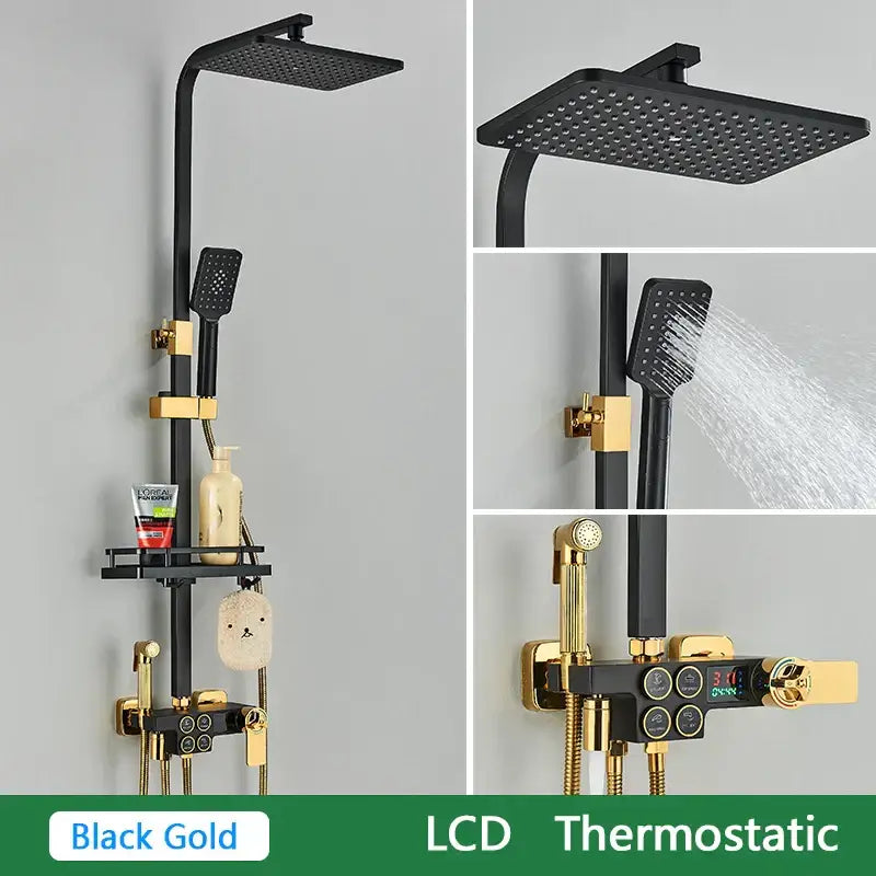 Black and gold decorbites brass lcd thermostatic shower set with square rainhead handheld spray and digital control panel
