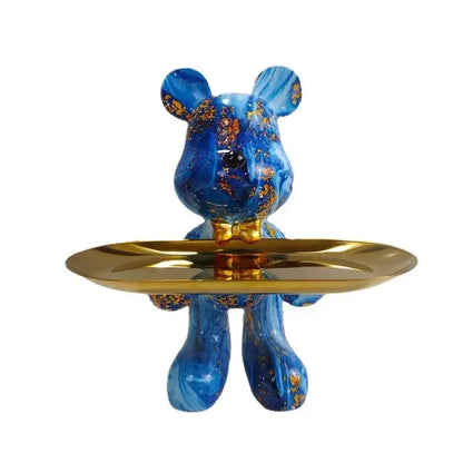 Blue bear figurine with gold leaf accents holding a golden tray decorbites graffiti bear figurine for living room decor
