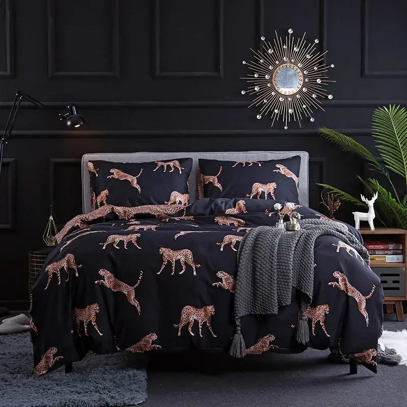 Black and rose gold leopard print duvet set featuring a bold cheetah pattern for stylish bedroom decorbites leopard print