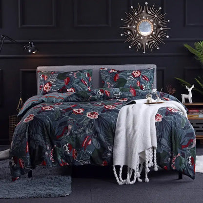 Dark green floral duvet set with red and white blossoms plush texture paired with decorbites leopard print bedding