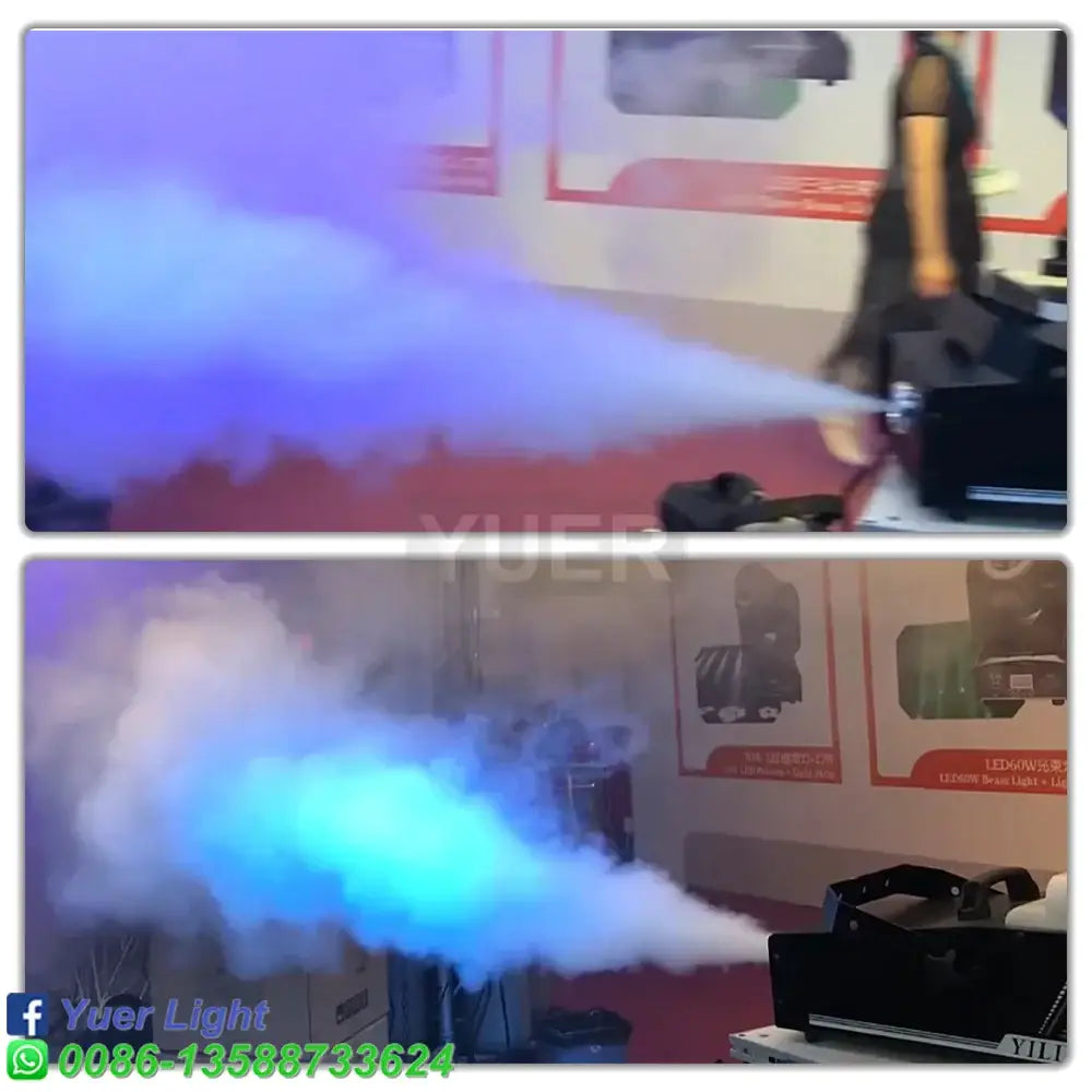Black and silver 3000w rgb led fog machine emitting vibrant blue and purple fog with remote control feature