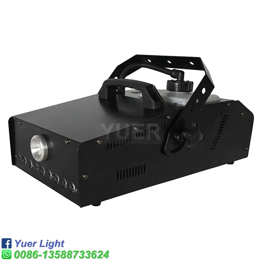 Black and silver 3000w rgb led fog machine with remote control featuring a silver lens and black handle for stage lighting