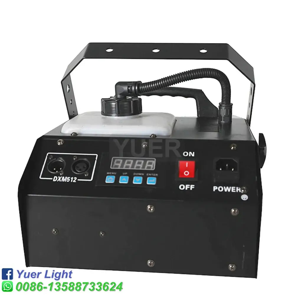 Black and silver 3000w rgb led fog machine with remote control features white reservoir and blue button control panel