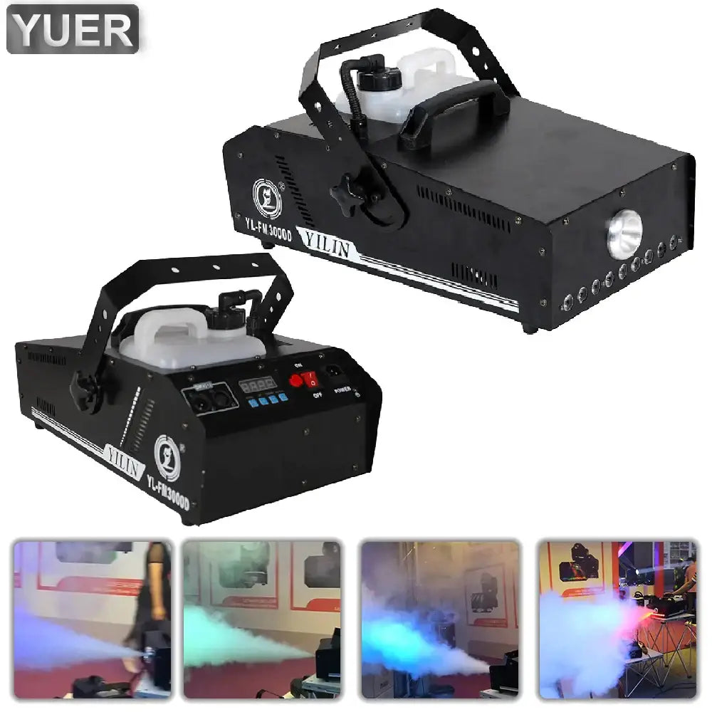 Black yuer yilin 3000w rgb led fog machine with remote control, white translucent fluid tank, and digital control panel