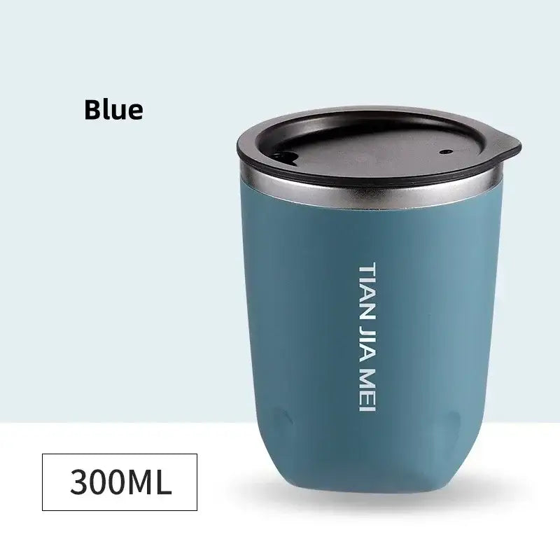 A sleek blue 300ml stainless steel vacuum travel mug with black lid silver rim and tian jia mei branding