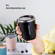 Black and silver 300ml stainless steel vacuum flask travel cup with tian jia mei branding and silver rim and lid