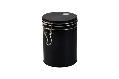 Black and silver metal hermetic food storage pot with cylindrical design and clasp lid by decorbites hermetic food