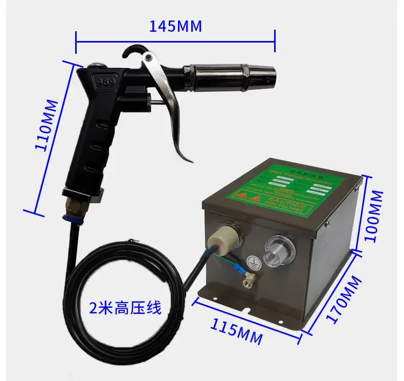 Black and silver industrial ionizing air gun static eliminator with 2-meter coiled hose and matching power unit for workshop use