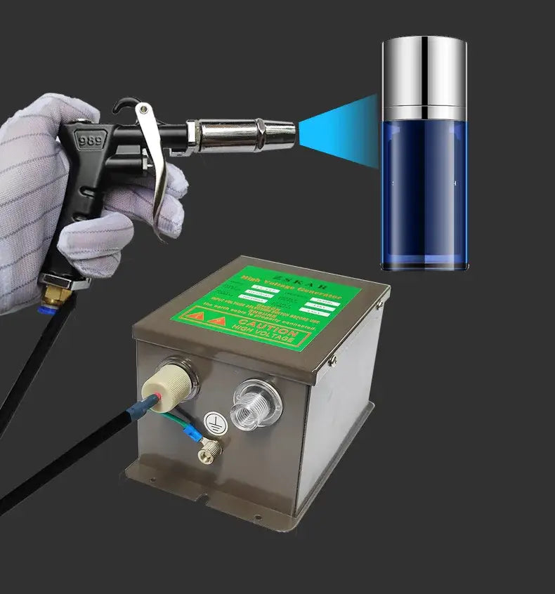 Silver and black ionizing air gun with blue nozzle and metallic zkai control box static eliminator for workshop use
