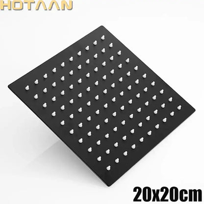 Black and silver stainless steel square shower head with matte black finish and white rounded nozzles by decorbites black plated