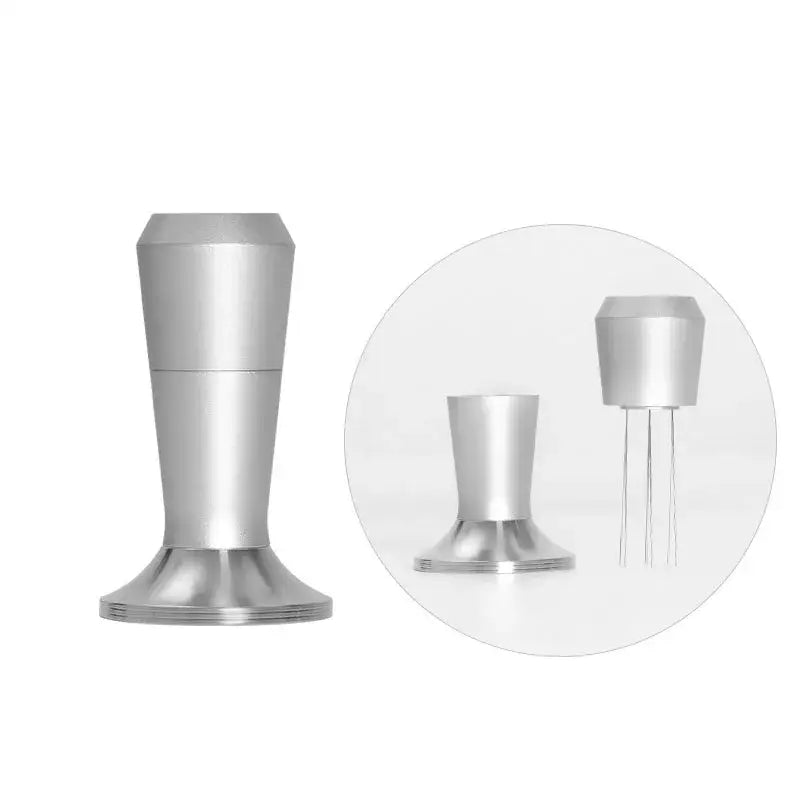 Silver metal espresso tamper with cylindrical handle and flat flared base in black and stainless steel coffee distributor tamper set decorbites coffee distributor