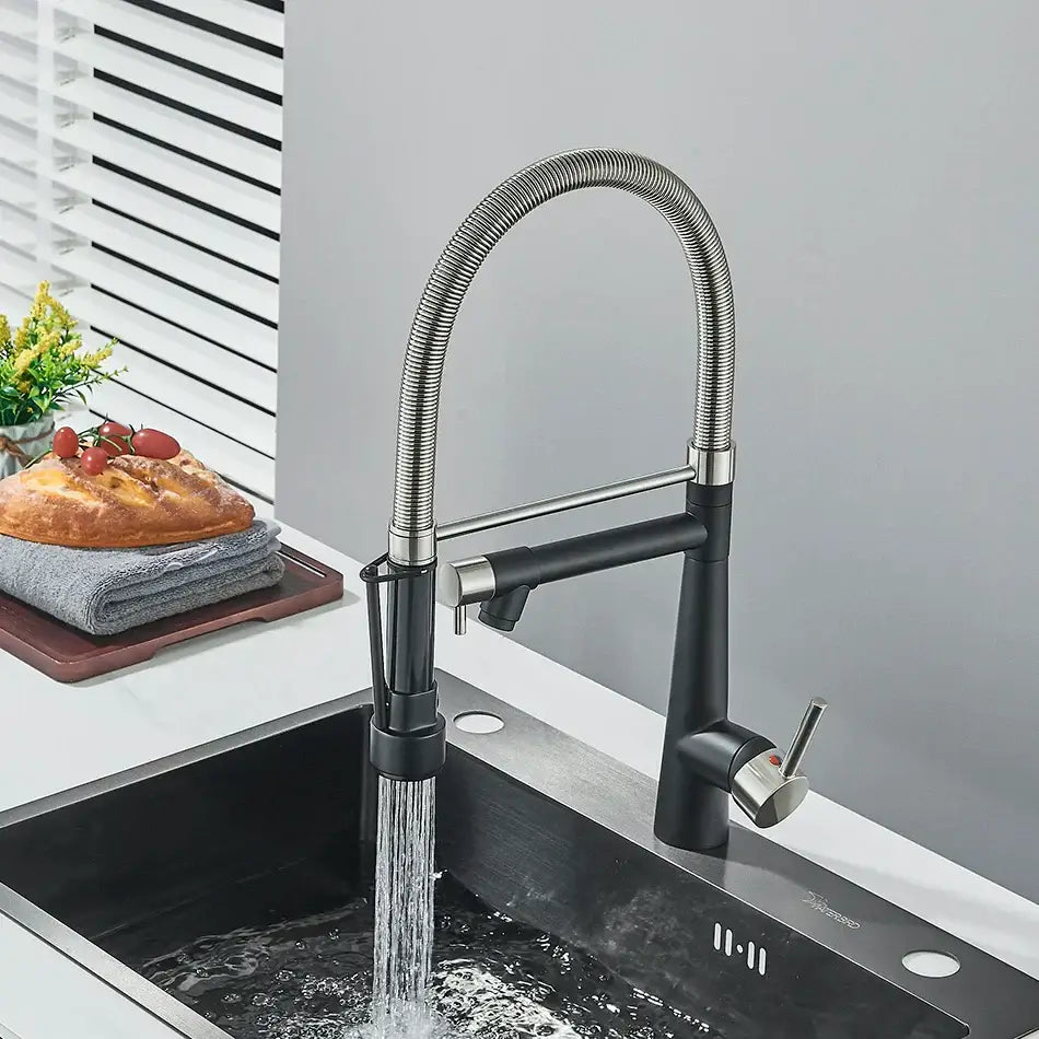 Modern black and stainless steel kitchen faucet with flexible ribbed gooseneck spout from decorbites brass pull collection