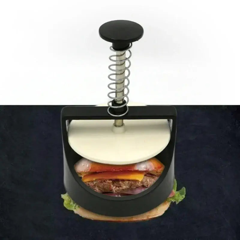 Black and white burger press with spring handle and white pressing plate by decorbites for kitchen meat making