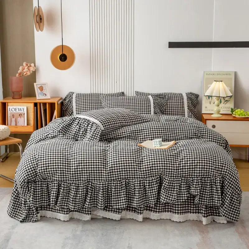 Black and white cotton plaid stripe bedding set with ruffled edges by decorbites for bedroom decor