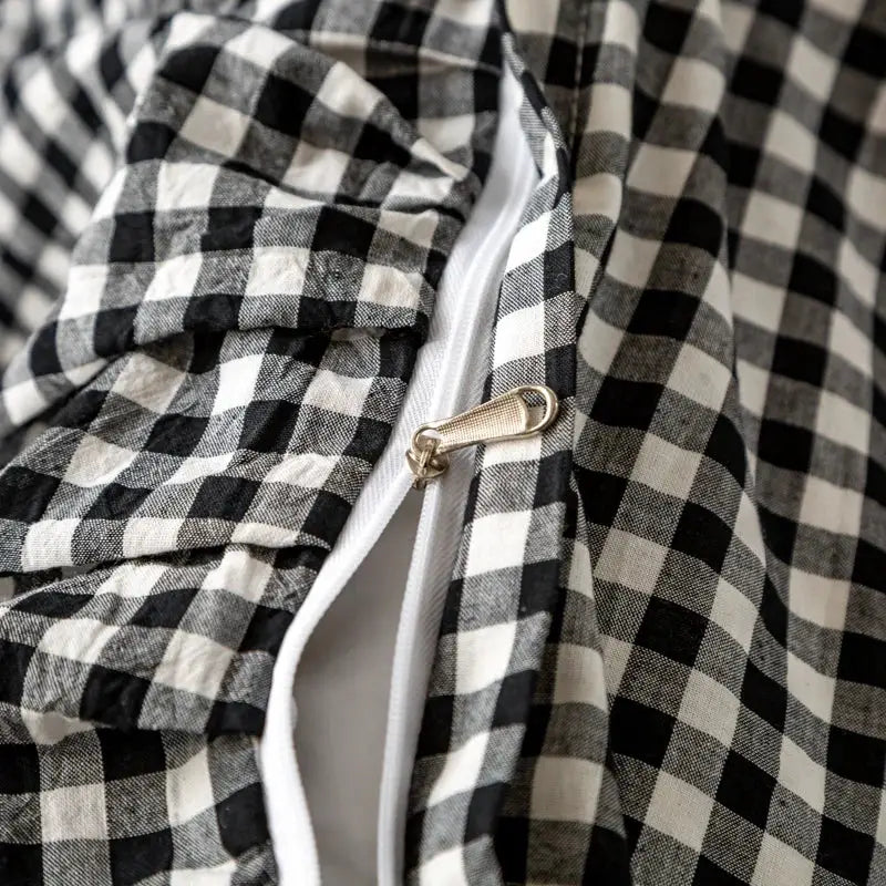 Black and white cotton plaid stripe bedding set featuring gingham fabric with silver zipper pull for bedroom decorbites cotton plaid