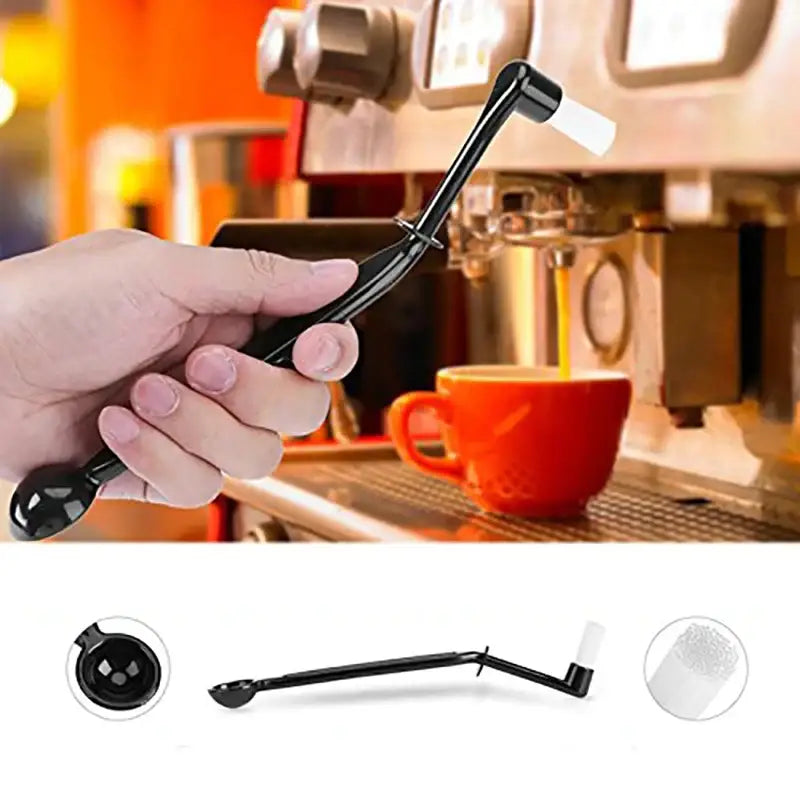 Black and white decorbites coffee brush with white bristle head and ergonomic handle for espresso machine cleaning